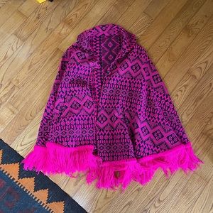 Vintage Guatemalan Poncho Pink Black Festival Coat Jacket handmade Aztec print